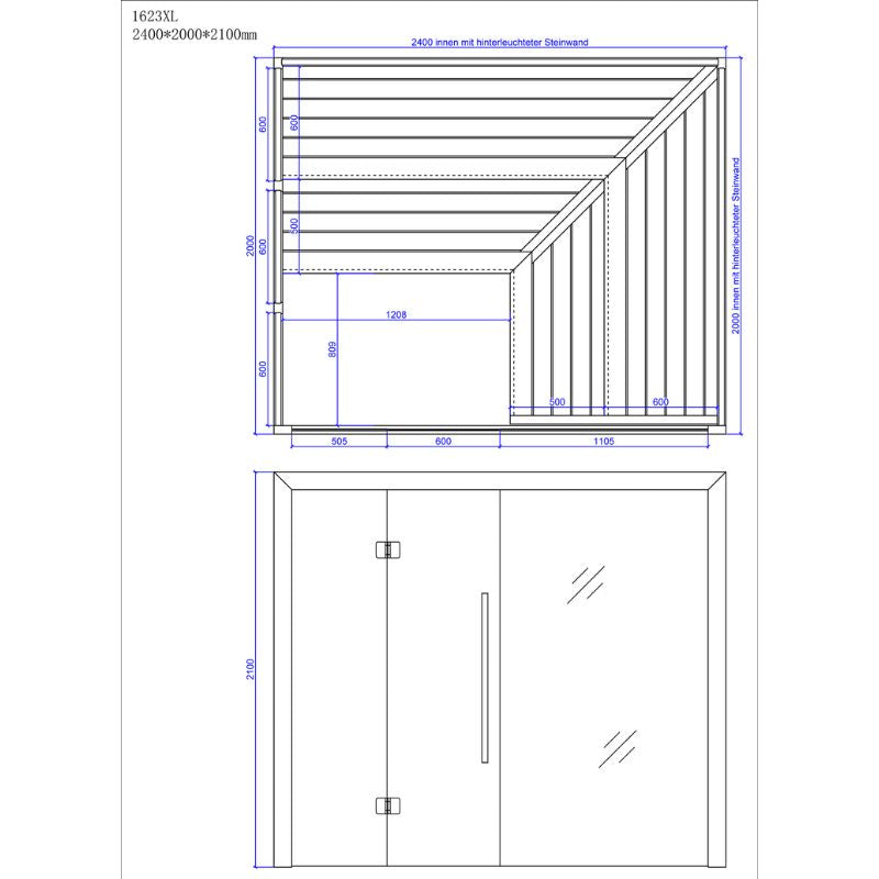 Maßzeichnung der EAGO AWT E1623XL Hemlock Sauna mit Abmessungen 2400x2000x2100mm, Draufsicht und Frontansicht mit Bankanordnung und Türdetails