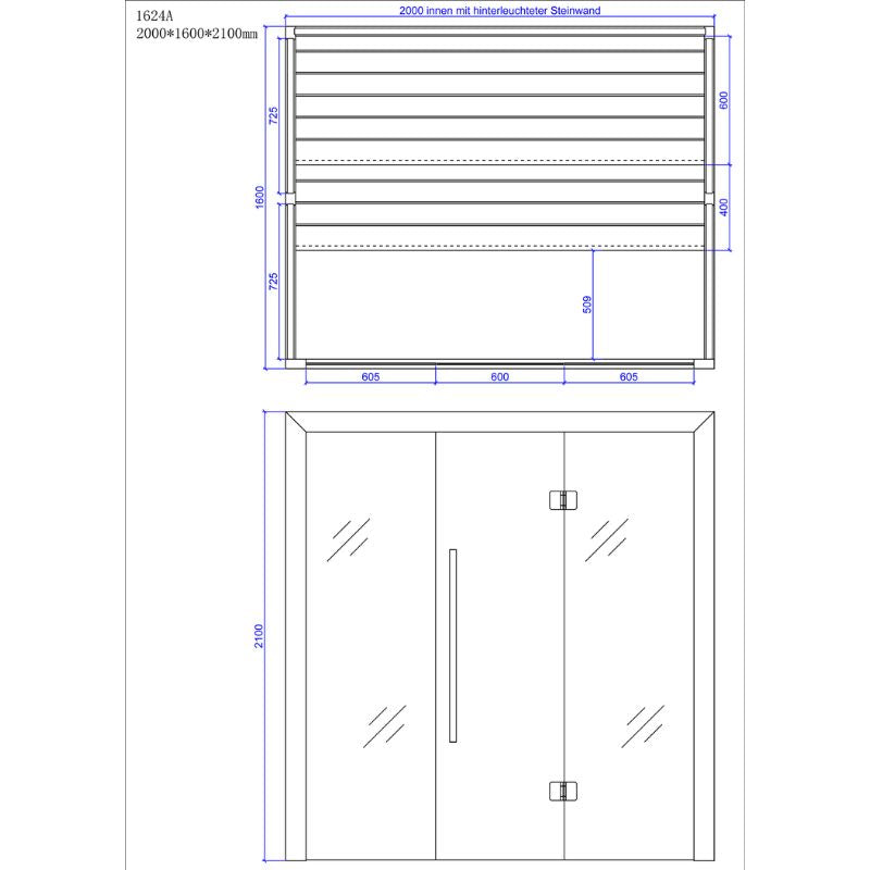 Maßzeichnung EAGO AWT E1624A Hemlock Sauna 200x160cm mit technischen Abmessungen und Draufsicht der Kabine mit Sitzbänken