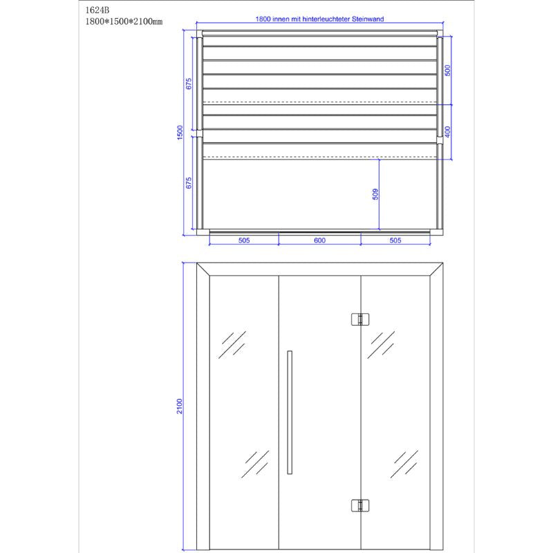 Maßzeichnung der EAGO AWT E1624B Hemlock Sauna mit Grundriss und Frontansicht, 1800 x 1500 x 2100 mm, Innenausstattung mit Bänken und Glastür