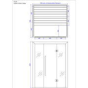 Maßzeichnung EAGO AWT E1624C Hemlock Sauna 160x150cm mit Draufsicht der Heizkörper und Frontansicht der Glastüren, Abmessungen und Innenausstattung