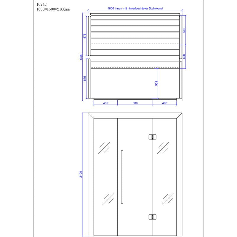 Maßzeichnung EAGO AWT E1624C Hemlock Sauna 160x150cm mit Draufsicht der Heizkörper und Frontansicht der Glastüren, Abmessungen und Innenausstattung