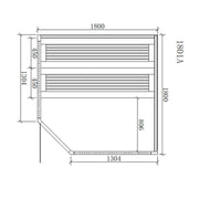 Maßzeichnung der EAGO AWT E1801A Sauna mit Abmessungen 1800 x 1804 mm, Draufsicht mit zwei Wärmebänken und Grundrissdetails für Pinienholz-Kabine mit 1-2 Personen Kapazität.