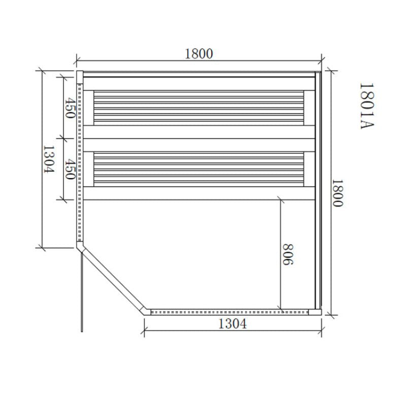 Maßzeichnung der EAGO AWT E1801A Sauna mit Abmessungen 1800 x 1804 mm, Draufsicht mit zwei Wärmebänken und Grundrissdetails für Pinienholz-Kabine mit 1-2 Personen Kapazität.
