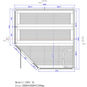 Maßzeichnung EAGO AWT E1801 XL Sauna 200x200 cm mit Sitzflächen und Abmessungen