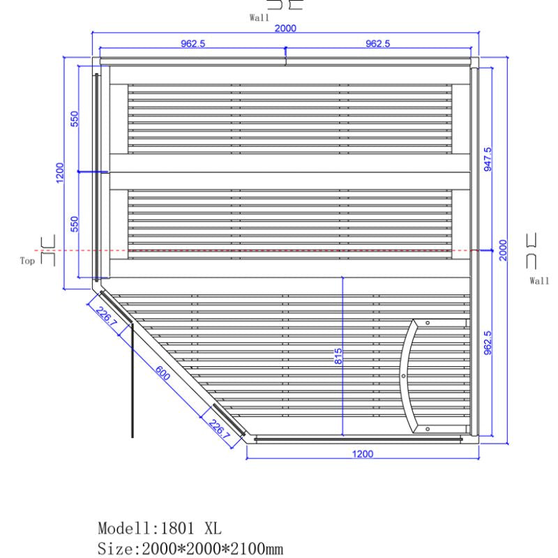 Maßzeichnung EAGO AWT E1801 XL Sauna 200x200 cm mit Sitzflächen und Abmessungen