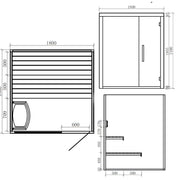Maßzeichnung EAGO AWT E1802 Sauna 180x180 mit Grundriss, Vorderansicht und Seitenansicht, Pinienholz-Ausführung mit Bänken und Ofen
