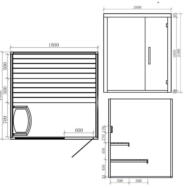 Maßzeichnung EAGO AWT E1802 Sauna 180x180 mit Grundriss, Vorderansicht und Seitenansicht, Pinienholz-Ausführung mit Bänken und Ofen