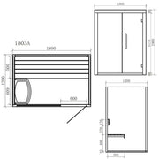 Maßzeichnung EAGO AWT E1803A Sauna mit Draufsicht, Seitenansicht und Frontansicht, 1800x1200 mm, Pinienholz für 2-4 Personen