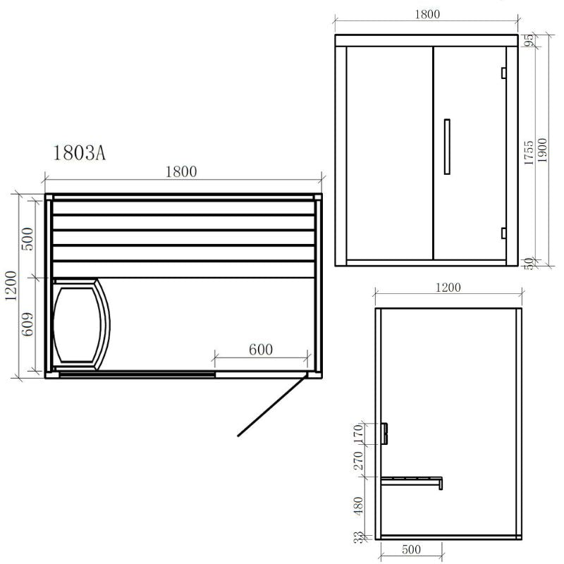 Maßzeichnung EAGO AWT E1803A Sauna mit Draufsicht, Seitenansicht und Frontansicht, 1800x1200 mm, Pinienholz für 2-4 Personen