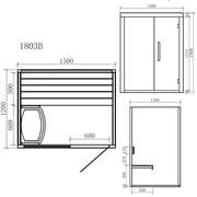 Maßzeichnung der EAGO AWT E1803B Sauna mit Grundrissen und Seitenansicht, 1500x1200 mm Abmessungen