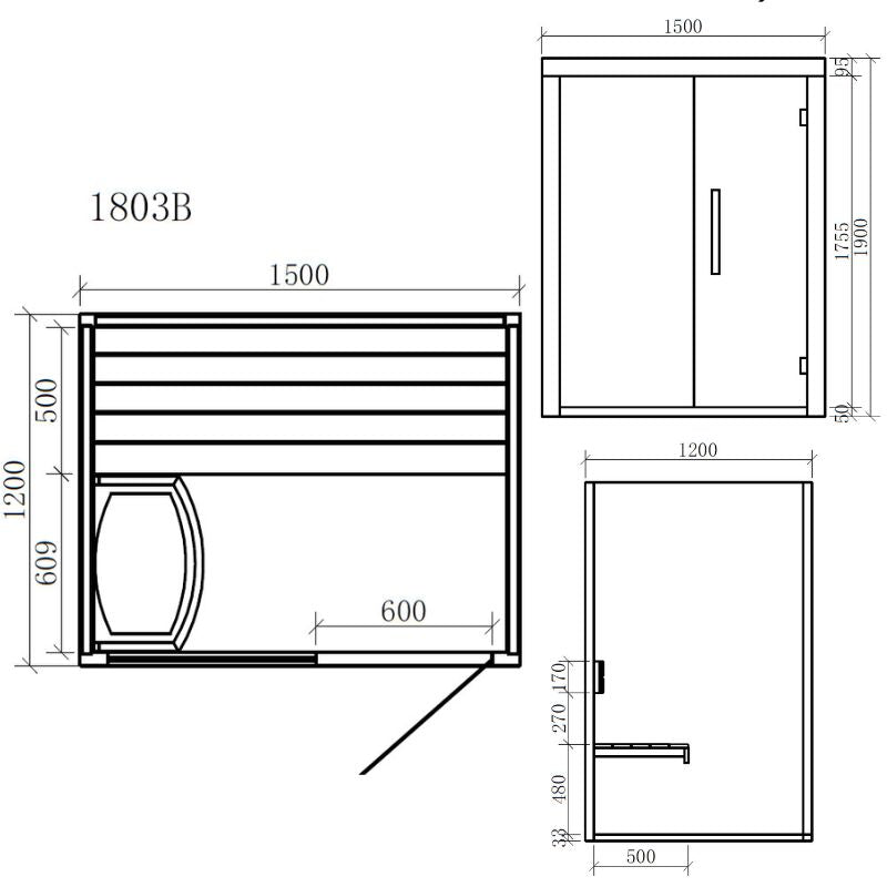 Maßzeichnung der EAGO AWT E1803B Sauna mit Grundrissen und Seitenansicht, 1500x1200 mm Abmessungen
