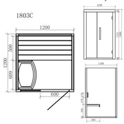 Maßzeichnung der EAGO AWT E1803C Sauna mit Grundriss und Seitenansicht, 1200x1200 mm Größe, Pinienholz-Ausführung für 1-2 Personen mit Sitzbank und Türöffnung.