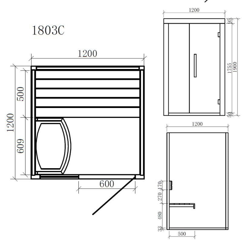 Maßzeichnung der EAGO AWT E1803C Sauna mit Grundriss und Seitenansicht, 1200x1200 mm Größe, Pinienholz-Ausführung für 1-2 Personen mit Sitzbank und Türöffnung.