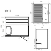 Maßzeichnung der EAGO AWT E1804B Sauna mit Grundriss, Seitenansicht und Frontansicht, 1500x1200 mm, Pinienholz-Ausführung für 1-2 Personen