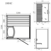 Maßzeichnung der EAGO AWT E1804C Sauna mit Frontal-, Seiten- und Detailansichten, 1200x1200mm Grundfläche, 1900mm Höhe, Pinienholz-Konstruktion mit Bänken und Glastür für 1-2 Personen.