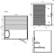Maßzeichnung der EAGO AWT E1805 Sauna mit Frontansicht, Seitenansicht und Detaildarstellung der Holzlamellen, Türposition und inneren Ausstattung in Millimetern