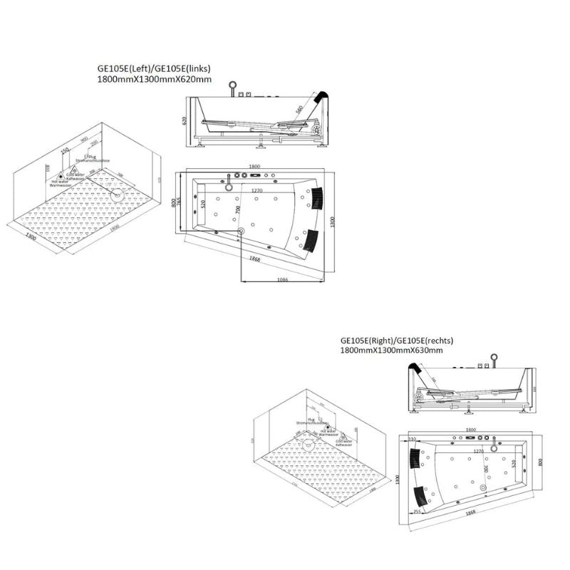 Maßzeichnung EAGO AWT GE105E Whirlpool mit isometrischer Ansicht, Draufsicht und Seitenansichten, 1800x1300x620mm, für 2 Personen