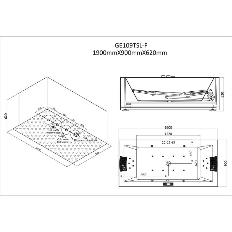 Maßzeichnung des EAGO AWT GE109TSL-F Whirlpools mit isometrischer Ansicht, Seitenansicht und Draufsicht, Abmessungen 1900x900x620mm
