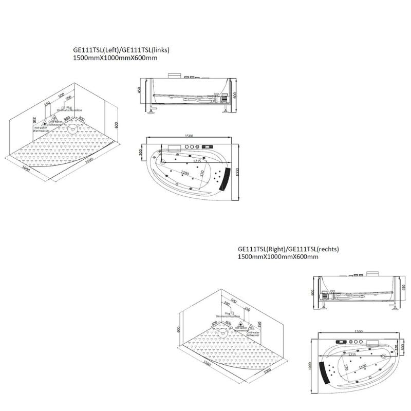 Maßzeichnung AWT GE111TSL Whirlpool von EAGO mit isometrischer Ansicht und Draufsicht, Seitenprofil sowie Grundrisszeichnungen der eckigen Badewanne in den Varianten links und rechts, Abmessungen 1500x1000x600mm