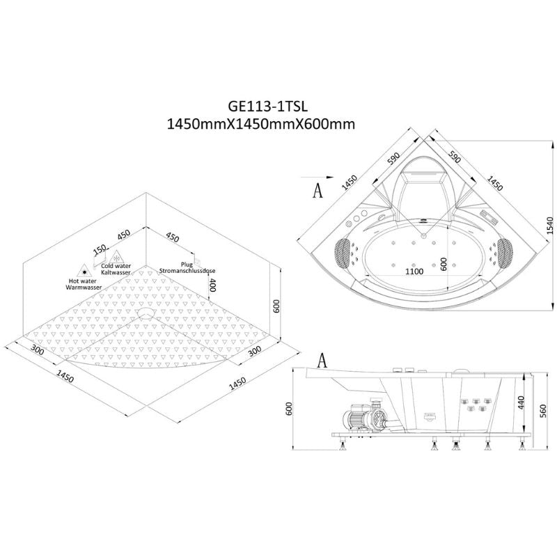 Maßzeichnung EAGO AWT GE113-1TSL Eckwhirlpool mit Isometrie-, Draufsicht und Seitenschnitt, 1450x1450x600mm für zwei Personen