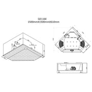 Maßzeichnung der EAGO AWT GE116E Eckwhirlpool 1500x1500x610mm mit Draufsicht, Seitenansicht und isometrischer Darstellung der Innenausstattung