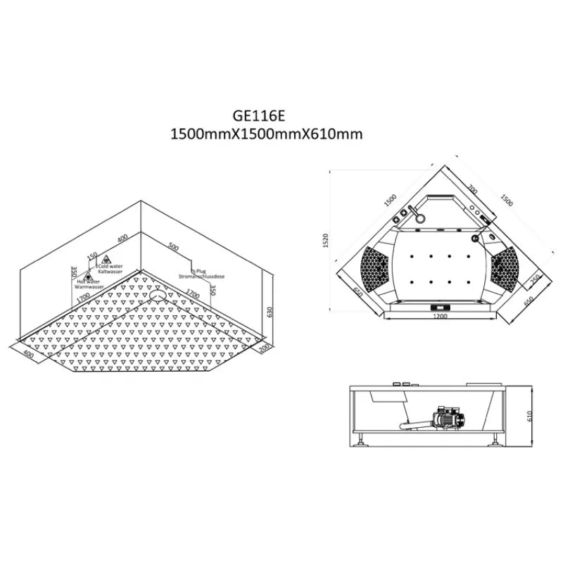 Maßzeichnung der EAGO AWT GE116E Eckwhirlpool 1500x1500x610mm mit Draufsicht, Seitenansicht und isometrischer Darstellung der Innenausstattung