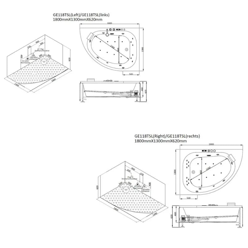 Maßzeichnung EAGO GE118TSL Whirlpool 180x130cm mit isometrischer Darstellung, Draufsicht und Seitenansicht, Links- und Rechtsausführung, Abmessungen 1800x1300x620mm