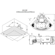 Maßzeichnung EAGO AWT GE119E Eckwhirlpool mit isometrischer Draufsicht, Frontalansicht und technischen Abmessungen 1590x1590x700 mm für zwei Personen