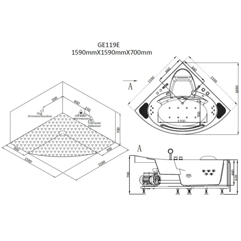 Maßzeichnung EAGO AWT GE119E Eckwhirlpool mit isometrischer Draufsicht, Frontalansicht und technischen Abmessungen 1590x1590x700 mm für zwei Personen