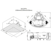 Maßzeichnung des AWT GE119TSL Whirlpools von EAGO mit isometrischer Darstellung, Draufsicht und Seitenansicht, zeigt die Eckwanne mit Abmessungen 1590x1590x700mm, Düsen und technische Details.
