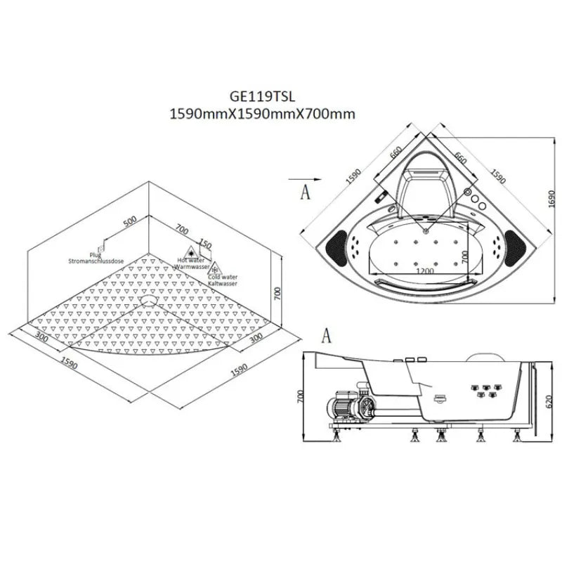 Maßzeichnung des AWT GE119TSL Whirlpools von EAGO mit isometrischer Darstellung, Draufsicht und Seitenansicht, zeigt die Eckwanne mit Abmessungen 1590x1590x700mm, Düsen und technische Details.