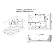 Maßzeichnung EAGO AWT GE120TSL Whirlpool 190x130 cm mit isometrischer Ansicht, Draufsicht und Seitenansicht sowie Abmessungen und Ausstattungsdetails.