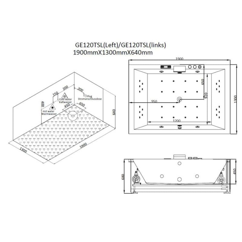 Maßzeichnung EAGO AWT GE120TSL Whirlpool 190x130 cm mit isometrischer Ansicht, Draufsicht und Seitenansicht sowie Abmessungen und Ausstattungsdetails.