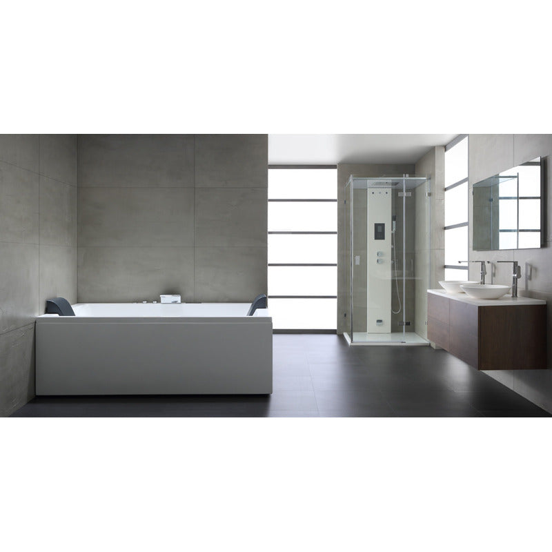 Modernes Badezimmer mit EAGO AWT GE120TSL Whirlpool für zwei Personen, Dampfdusche und Waschtisch in minimalistischem Design mit großen Fenstern.
