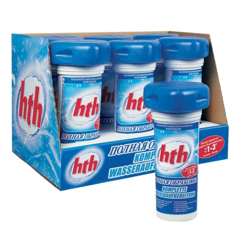 HTH Schwimmdosierer mit stabilisiertem Chlor – Komplettbehandlung für Pools von 30 bis 50 m², einfache Wasserpflege mit Langzeitwirkung