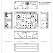 Maßzeichnung EAGO AWT IN-704 ECO Extreme Whirlpool mit Draufsicht, Seitenschnitten und Massageeffekten für 2200x1600x760mm
