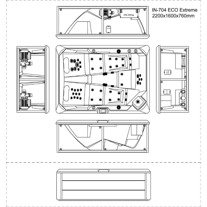 Maßzeichnung EAGO AWT IN-704 ECO Extreme Whirlpool mit Draufsicht, Seitenschnitten und Massageeffekten für 2200x1600x760mm