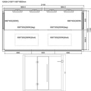 Maßzeichnung EAGO AWT Infrarotkabine E1250A 2100x1100x1900mm mit Abmessungen, Heizelementen und Grundriss-Ansicht