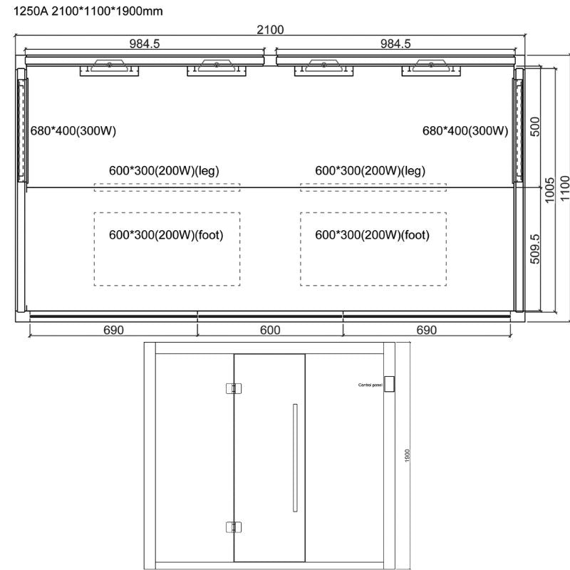 Maßzeichnung EAGO AWT Infrarotkabine E1250A 2100x1100x1900mm mit Abmessungen, Heizelementen und Grundriss-Ansicht