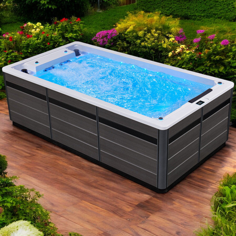 AWT-Innovation-430-Swim-Spa-weiss-430x230-grau-mit-wasser-garten-mit-blumen