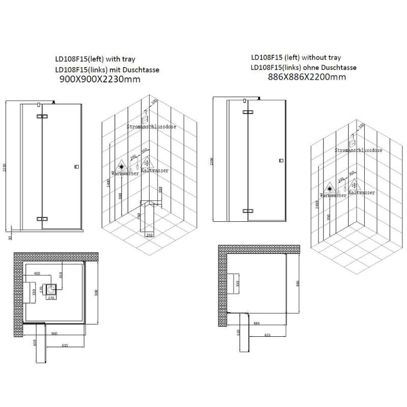 AWT-LD108F15-Dampfdusche-90x90-mit-3-kW-Dampfgenerator-produktdatenblatt-technische-zeichnung-linke-version