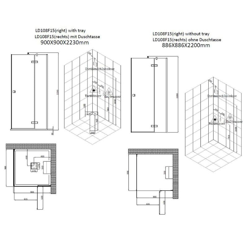 AWT-LD108F15-Dampfdusche-90x90-mit-3-kW-Dampfgenerator-produktdatenblatt-technische-zeichnung-rechte-version