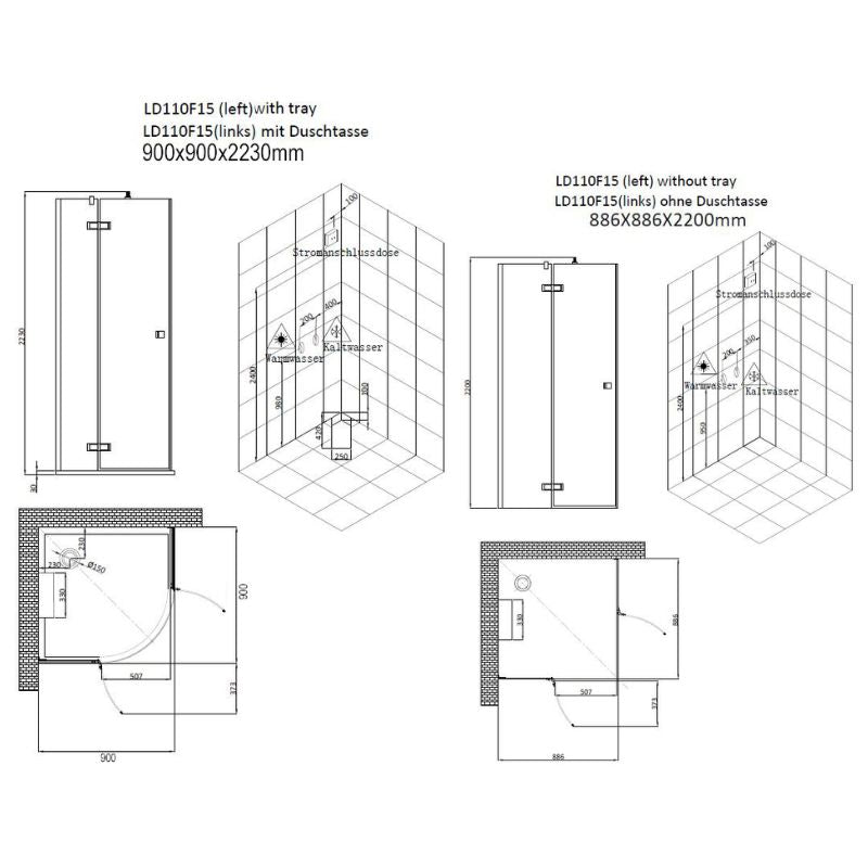 AWT-LD110F15-Dampfdusche-90x90-mit-3-kW-Dampfgenerator-produktdatenblatt-technische-zeichnung