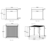 Maßzeichnung einer EAGO AWT P2 Basic Pergola in Anthrazit mit Handkurbel, zeigt Vorder-, Seiten- und Draufsicht sowie 3D-Perspektive mit Abmessungen