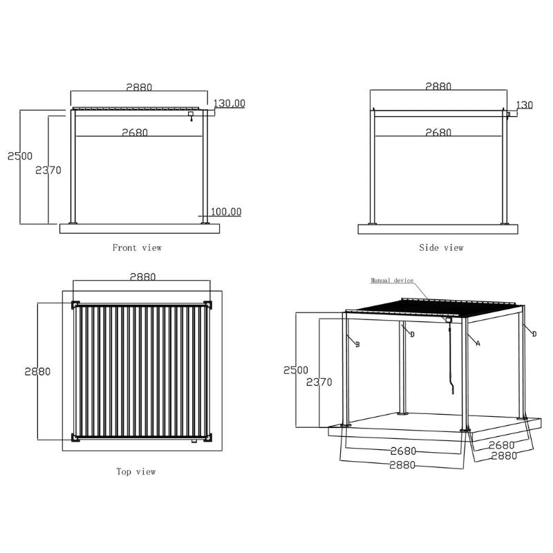 Maßzeichnung einer EAGO AWT P2 Basic Pergola in Anthrazit mit Handkurbel, zeigt Vorder-, Seiten- und Draufsicht sowie 3D-Perspektive mit Abmessungen