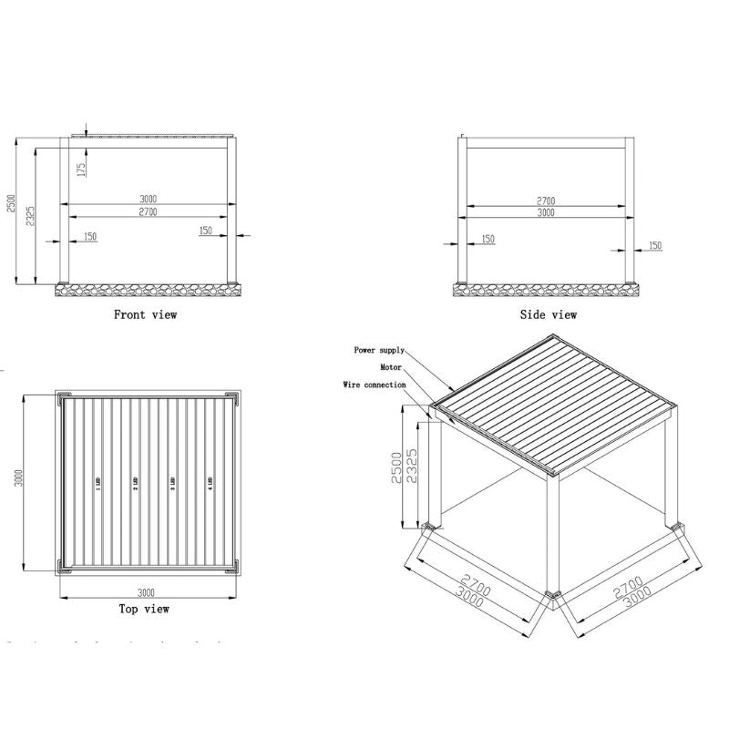 Maßzeichnung der EAGO AWT P8 Extreme Pergola mit Front-, Seiten- und Draufsicht sowie isometrischer Darstellung der motorisierten Lamellendachkonstruktion mit technischen Abmessungen.