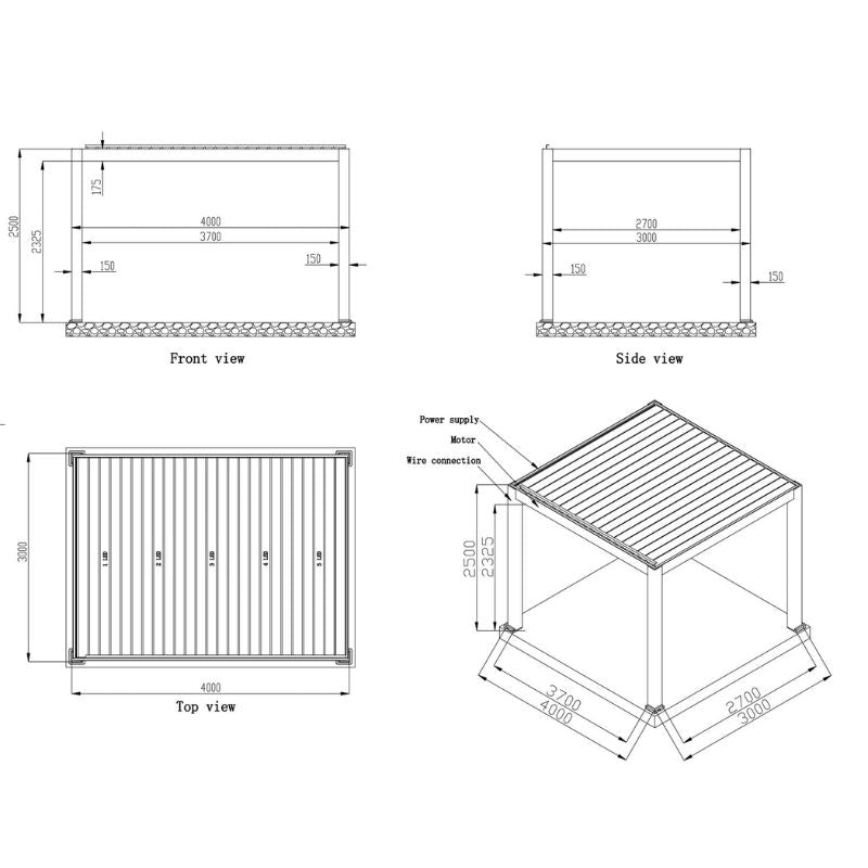Maßzeichnung der EAGO AWT P8 Extreme Pergola mit Front-, Seiten- und Draufsicht sowie 3D-Isometrie mit Motordetails und Abmessungen