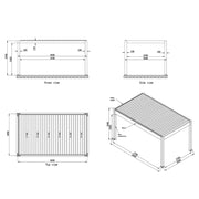 Maßzeichnung der EAGO AWT P8 Extreme Pergola mit Front-, Seiten- und Draufsicht sowie isometrischer 3D-Darstellung, Abmessungen und Montagepunkte