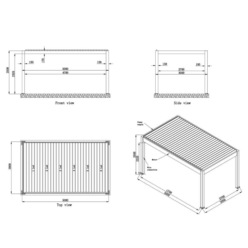 Maßzeichnung der EAGO AWT P8 Extreme Pergola mit Front-, Seiten- und Draufsicht sowie isometrischer 3D-Darstellung, Abmessungen und Montagepunkte