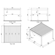 Maßzeichnung EAGO AWT P8 Extreme Pergola elektrisch mit Front-, Seiten- und Draufsicht sowie 3D-Darstellung, Abmessungen 4000x4000mm, Breite 3700mm